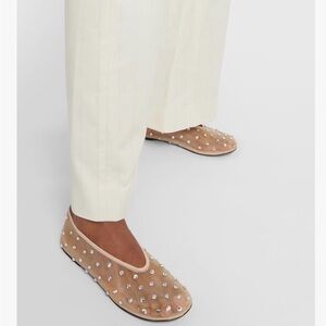 Crystal-Embellished Tan Velvet Ballet Flats